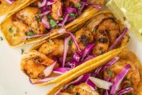 Blackened Shrimp Tacos with Lime Slaw and Cilantro crema