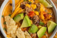 Creamy Beef Taco Soup Recipe with Cheesy Tortilla Toppings