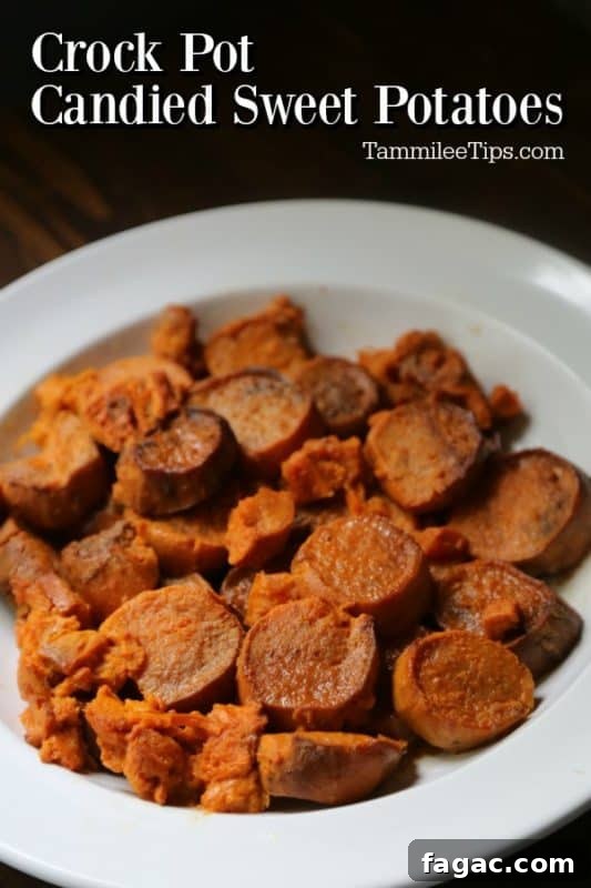 Crockpot Candied Sweet Potatoes text over a bowl of Slow Cooker Candied Sweet Potatoes 