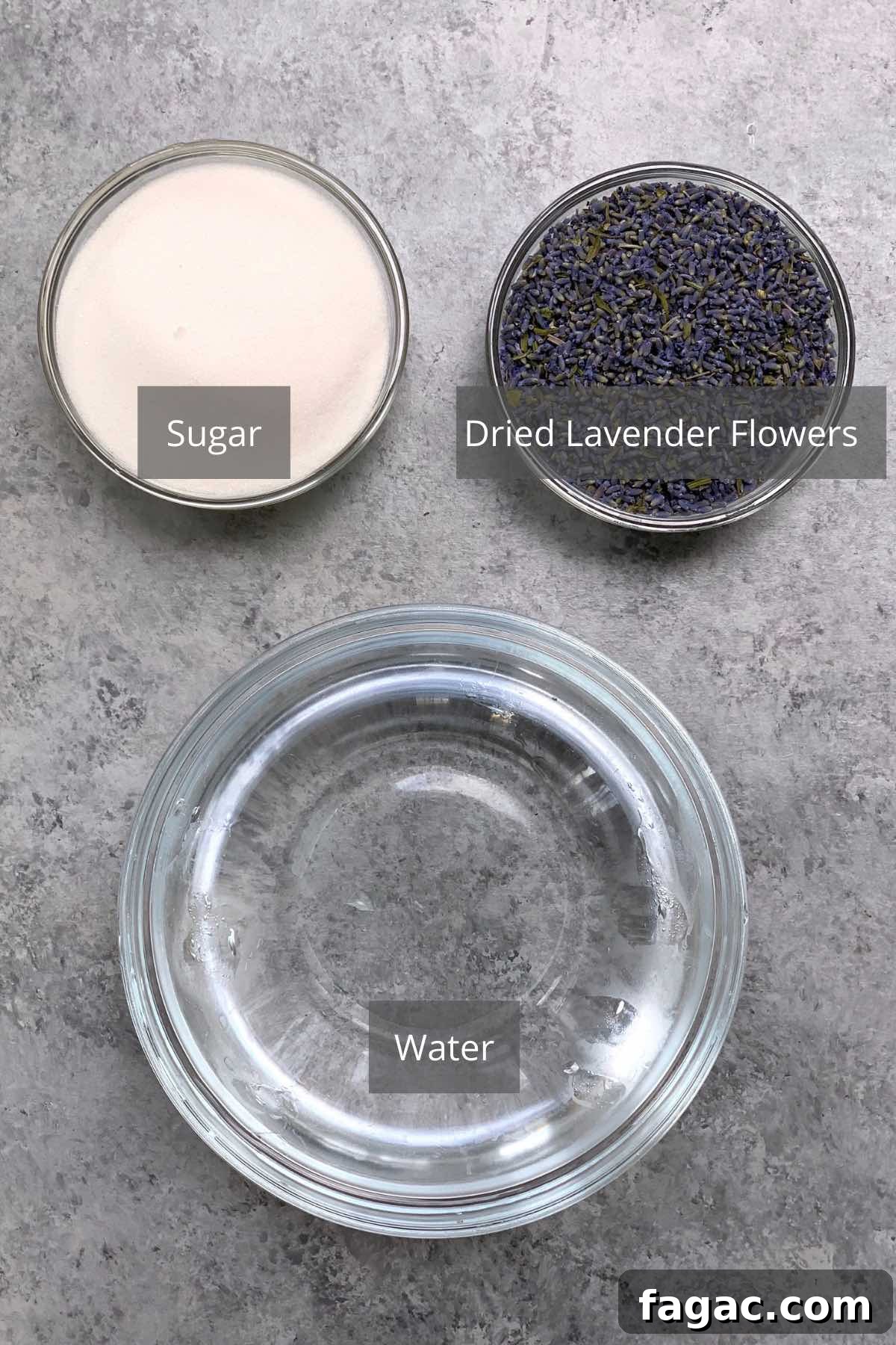 Lavender Simple Syrup for Cocktails and Drinks: Homemade Recipe 3 Lavender Syrup ingredients on the counter.