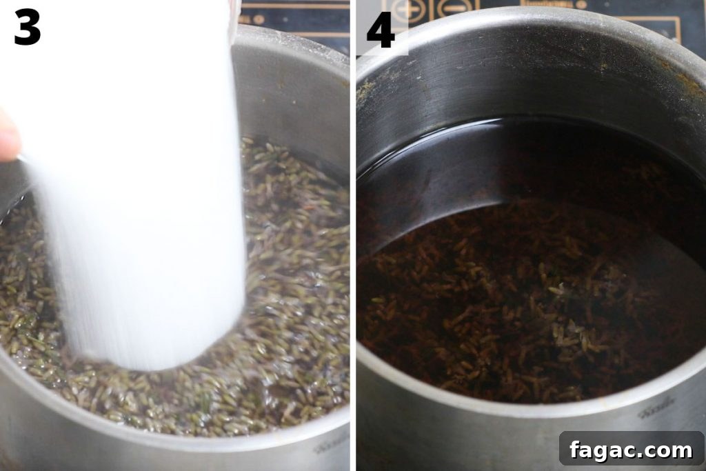 Lavender Simple Syrup for Cocktails and Drinks: Homemade Recipe 5 Lavender Syrup recipe: step 3 and 4 photos.