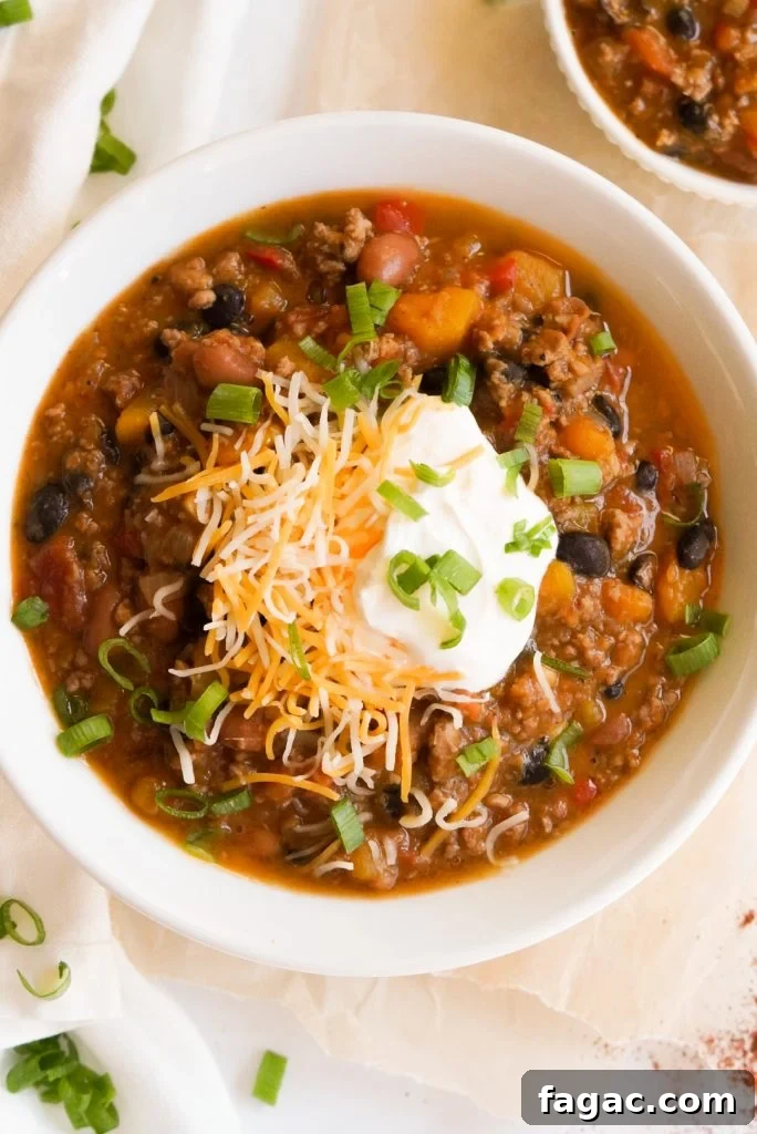 Hearty Butternut Squash and Turkey Chili Recipe 3 overhead shot of butternut squash chili
