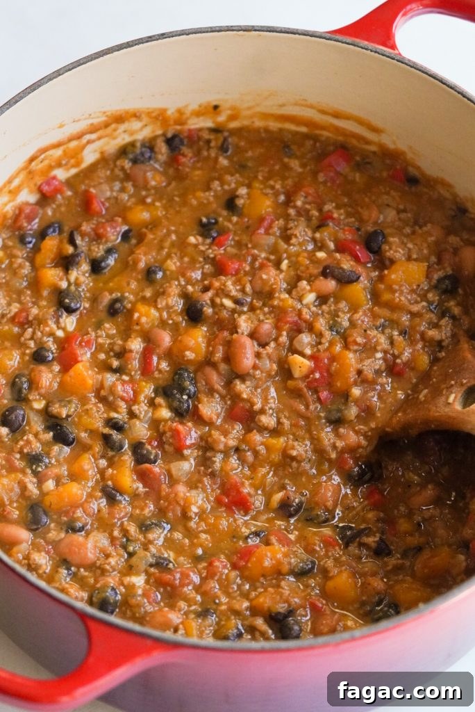 Hearty Butternut Squash and Turkey Chili Recipe 7 cooked chili in a dutch oven