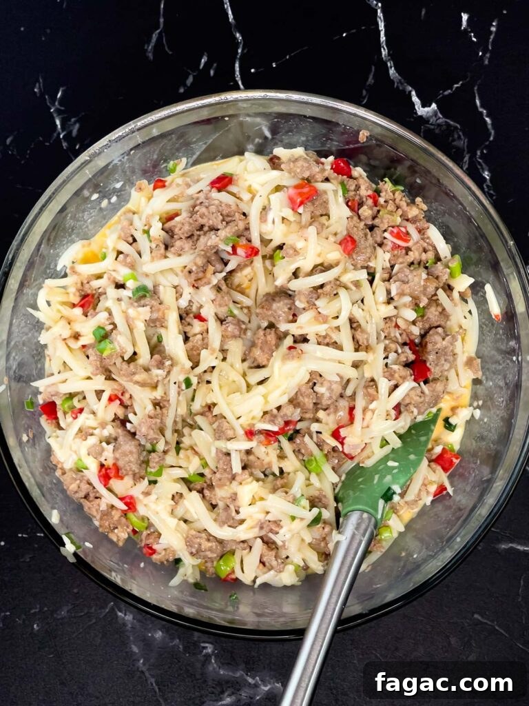 Sausage and Hashbrown Breakfast Casserole for 12 Guests 13 Sausage, eggs, hash browns, and cheese mixture fully combined in large mixing bowl.