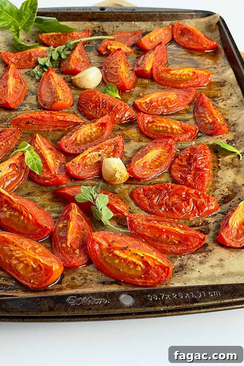 Oven-Roasted Tomato Sauce Recipe for Rich Homemade Flavor 3 Vertical image of roasted slices of tomatoes, herbs, and garlic on a baking sheet.