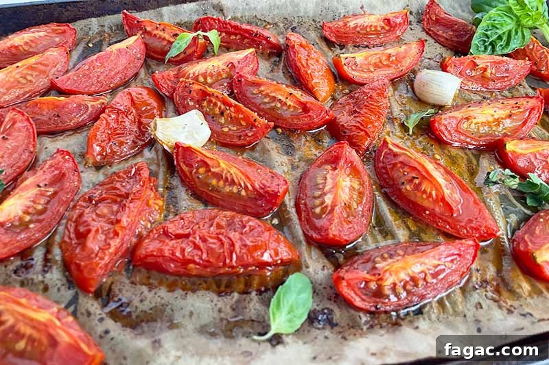 Oven-Roasted Tomato Sauce Recipe for Rich Homemade Flavor 9 Horizontal image of roasted vegetables on a sheet pan.