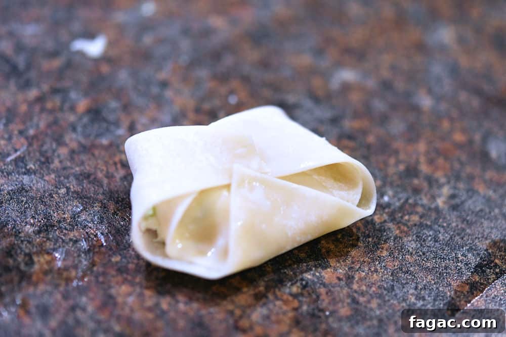 a wrapped rangoon ready to be fried or baked