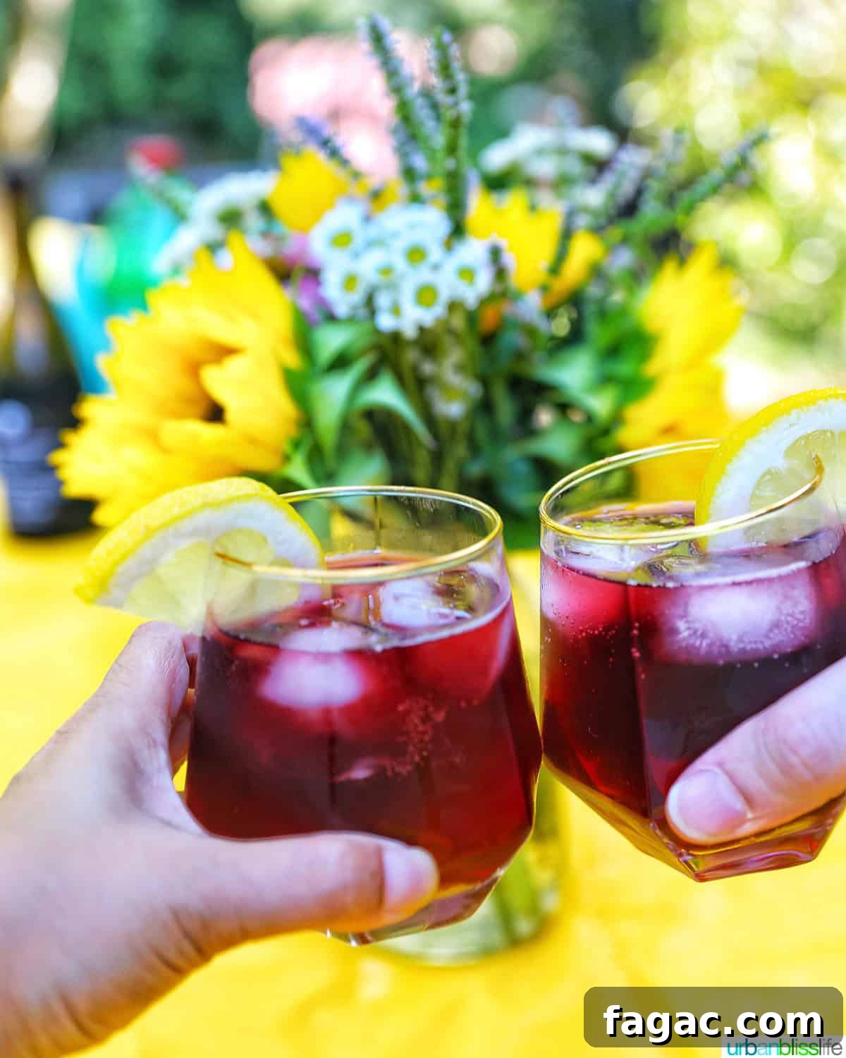 Authentic Tinto de Verano Recipe: Refreshing Spanish Wine Cooler 3 hands holding glasses of glass of tinto de verano wine cocktail with lemon slice by summer flowers.