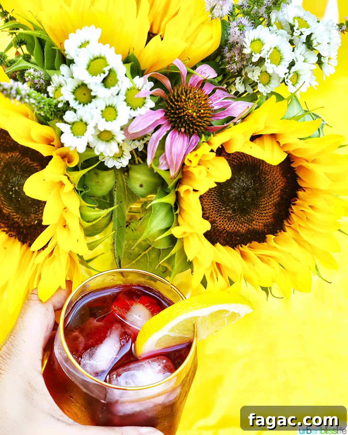 Authentic Tinto de Verano Recipe: Refreshing Spanish Wine Cooler 8 hand holding a glass of glass of tinto de verano wine cocktail with lemon slice by summer flowers.