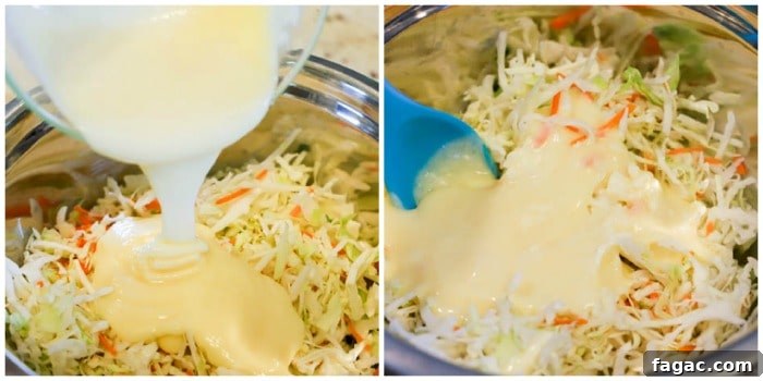 Classic Creamy Coleslaw Recipe – Homemade Side Dish 5 pouring homemade sauce to make Easy Classic Coleslaw with a blue spoon