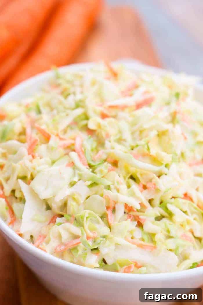 Classic Creamy Coleslaw Recipe – Homemade Side Dish 6 close up of Homemade Coleslaw in a bowl