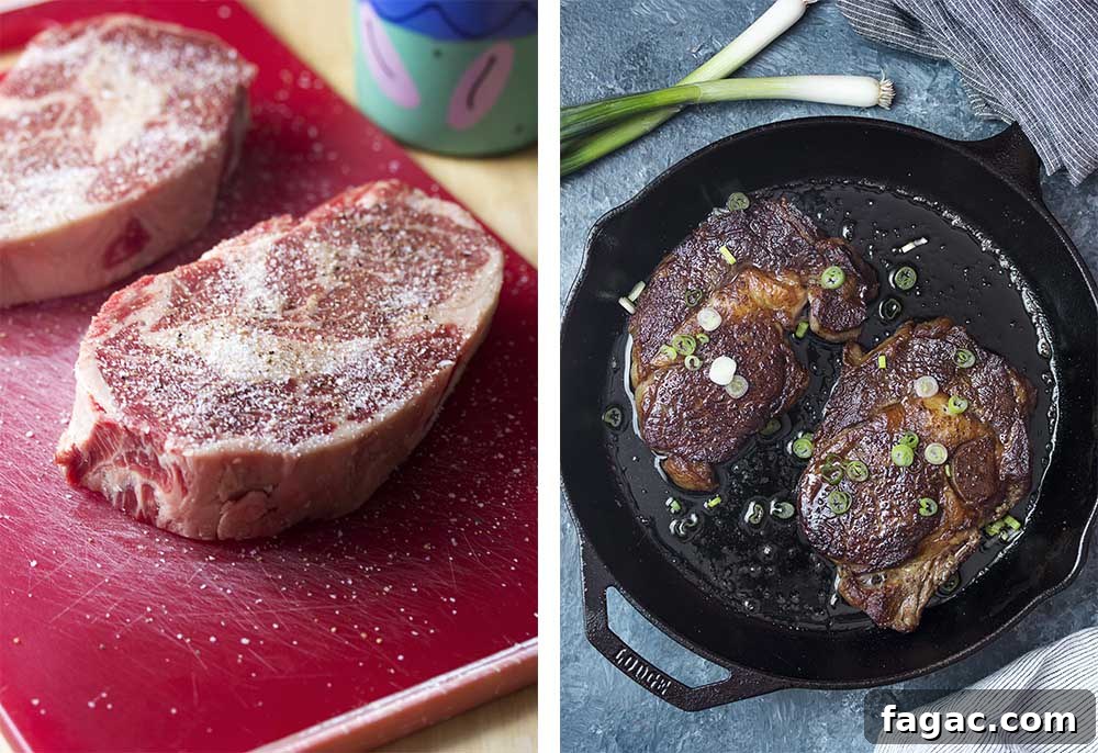 Step by step how to prep and cook the steaks.