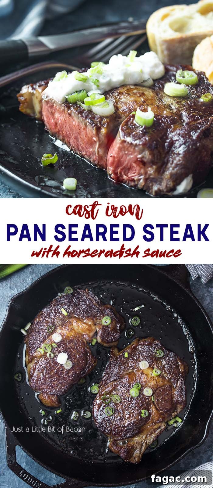 Steaks in skillet and on plate with text overlay - Pan Seared Steak.