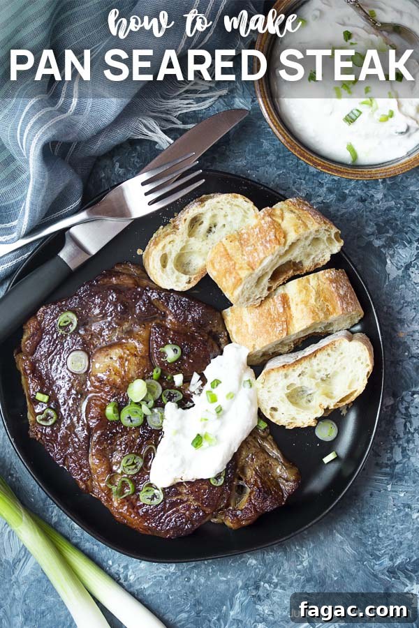 Steak and horseradish sauce on a plate with text overlay - Pan Seared Steak.
