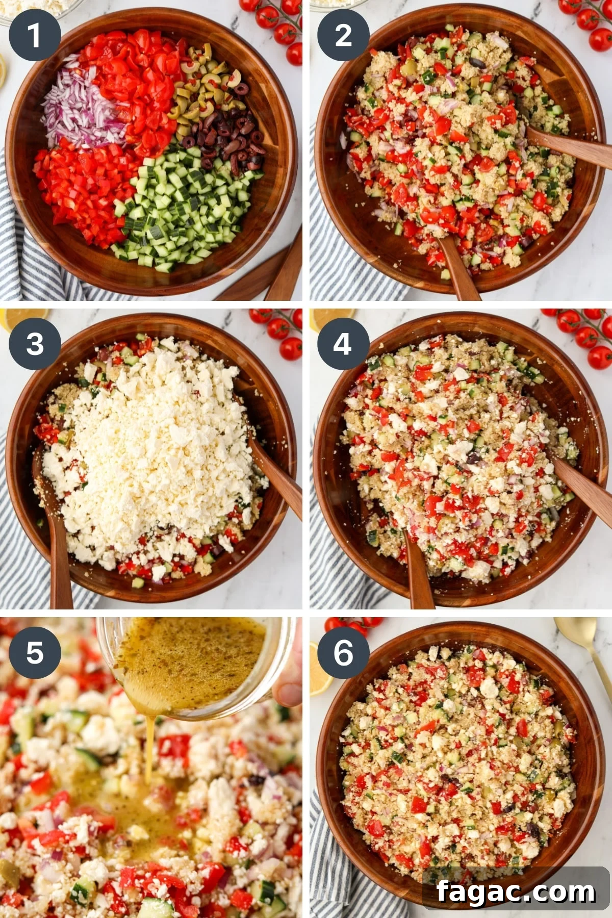 Tossing together vegetables, quinoa, and feta cheese in a large salad bowl.