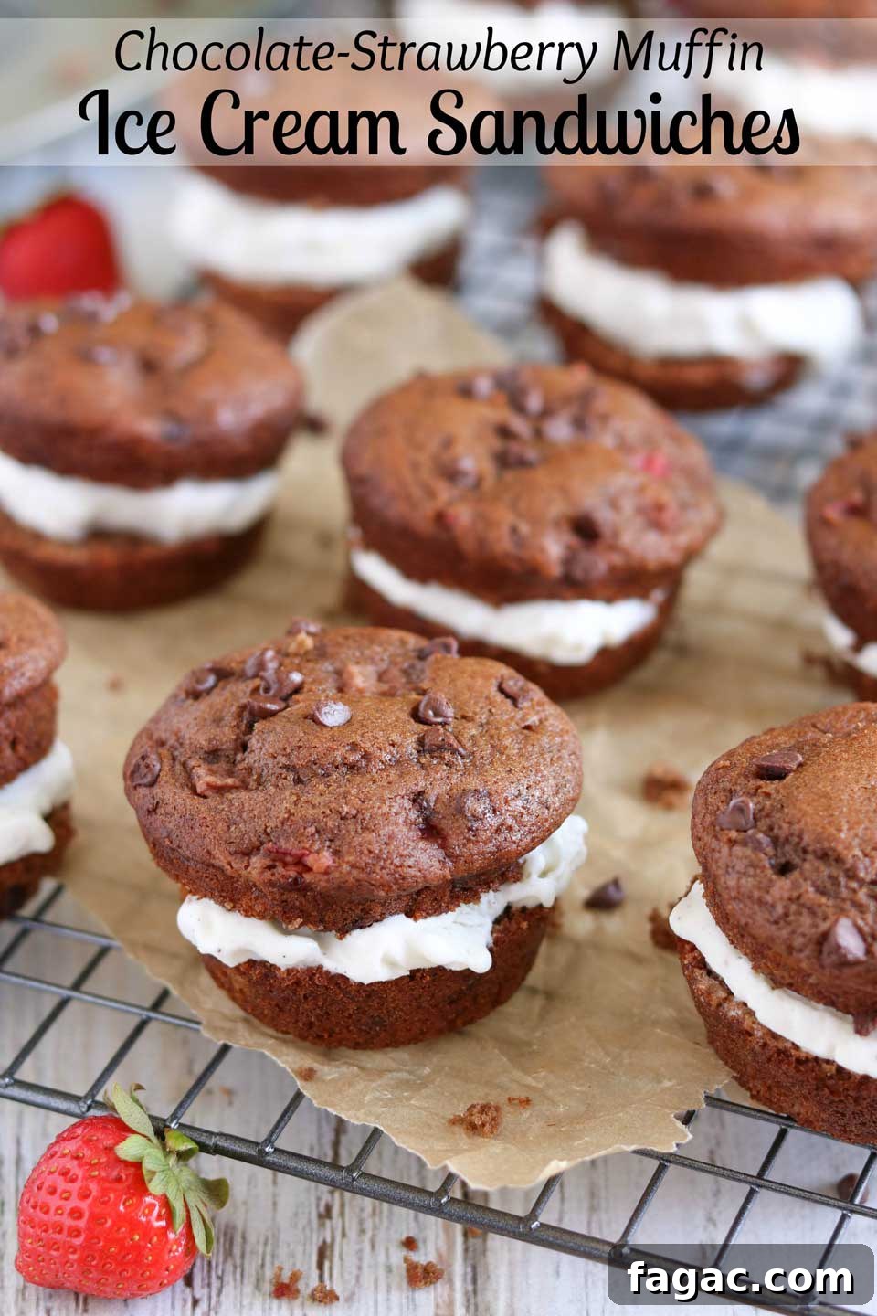 Take delicious, healthy breakfast muffins … add ice cream … and you’ve got a decadent dessert! Muffin ice cream sandwiches! Bursting with fresh strawberries and double chocolate! One batch of muffins = two great recipes! | www.TwoHealthyKitchens.com Take delicious, healthy breakfast muffins … add ice cream … and you’ve got a decadent dessert! Muffin ice cream sandwiches! Bursting with fresh strawberries and double chocolate! One batch of muffins = two great recipes! | www.TwoHealthyKitchens.com