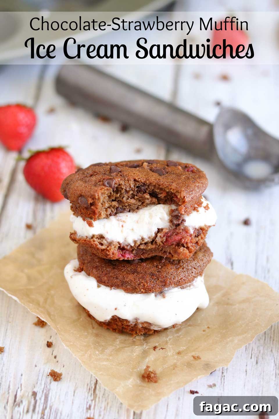 Take delicious, healthy breakfast muffins … add ice cream … and you’ve got a decadent dessert! Muffin ice cream sandwiches! Bursting with fresh strawberries and double chocolate! One batch of muffins = two great recipes! | www.TwoHealthyKitchens.com Take delicious, healthy breakfast muffins … add ice cream … and you’ve got a decadent dessert! Muffin ice cream sandwiches! Bursting with fresh strawberries and double chocolate! One batch of muffins = two great recipes! | www.TwoHealthyKitchens.com