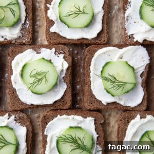 Mini Cucumber Sandwiches: Light Tea Sandwich Recipe 11 open faced mini cucumber sandwiches on pumpernickel, topped with a dill sprig.