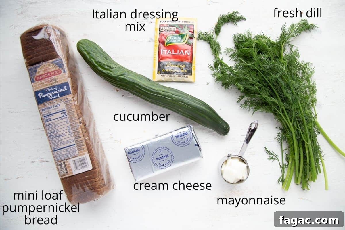 Mini Cucumber Sandwiches: Light Tea Sandwich Recipe 5 ingredients for cucumber sandwiches on a white table.