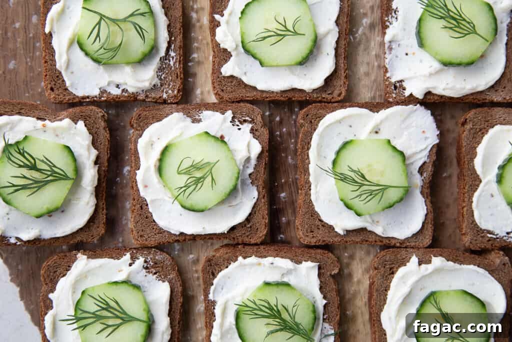 Mini Cucumber Sandwiches: Light Tea Sandwich Recipe 8 open faced mini cucumber sandwiches on pumpernickel.