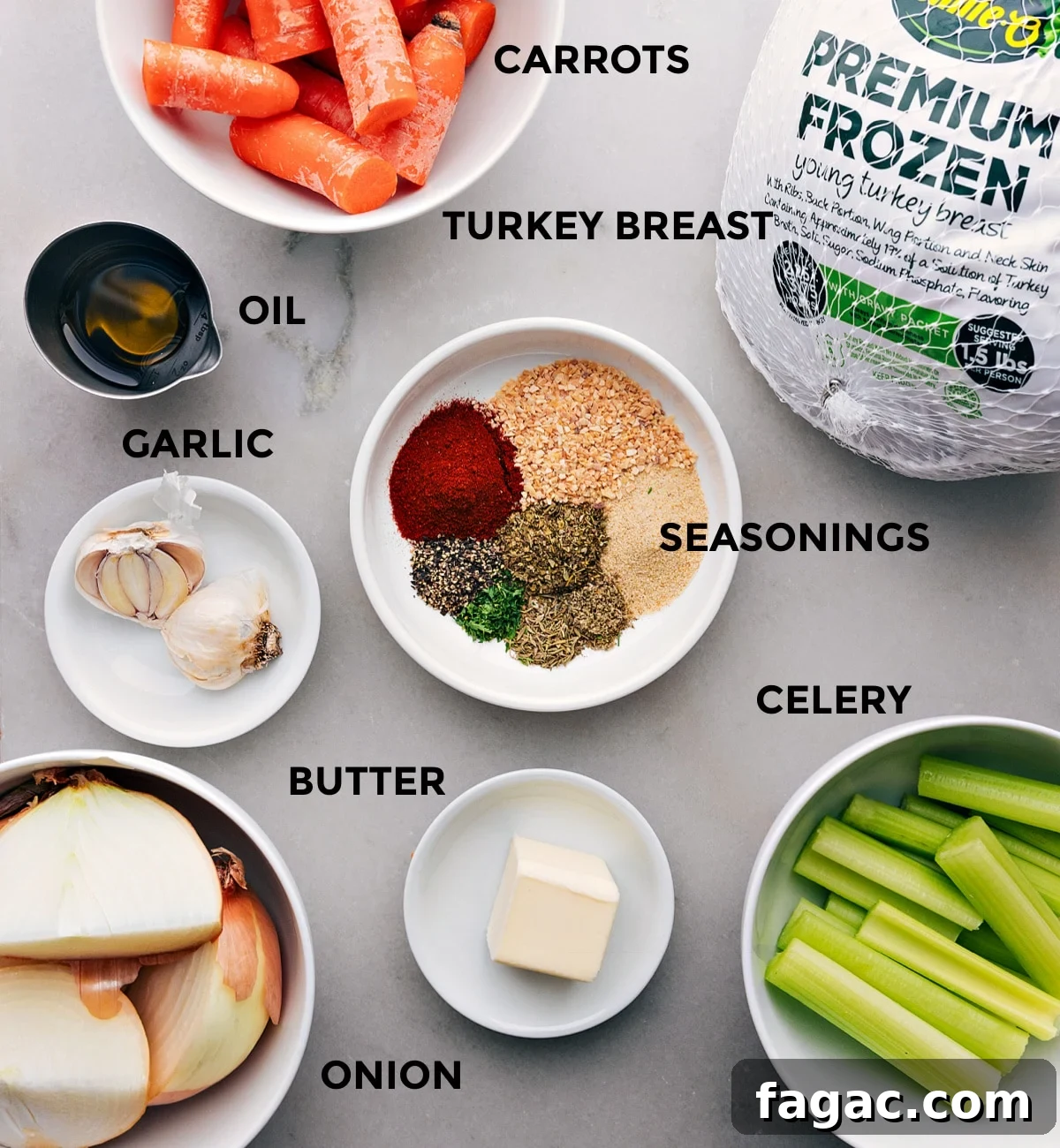 Ingredients for Crockpot Turkey Breast Recipe: Butter, Onions, Seasonings, Carrots, and More Ingredients for this recipe, including butter, onions, various seasonings, carrots, and additional items.
