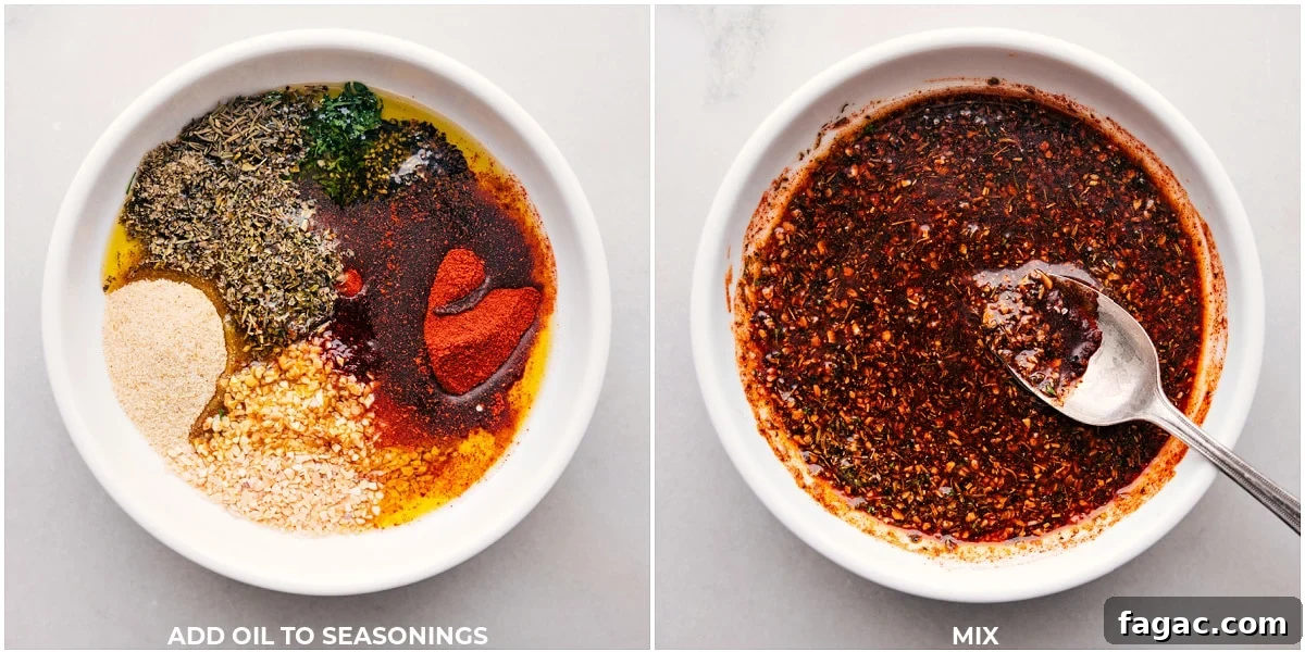 Mixing Seasonings with Oil in a Bowl for a Recipe Seasonings being added to oil in a bowl, mixed together for the recipe.