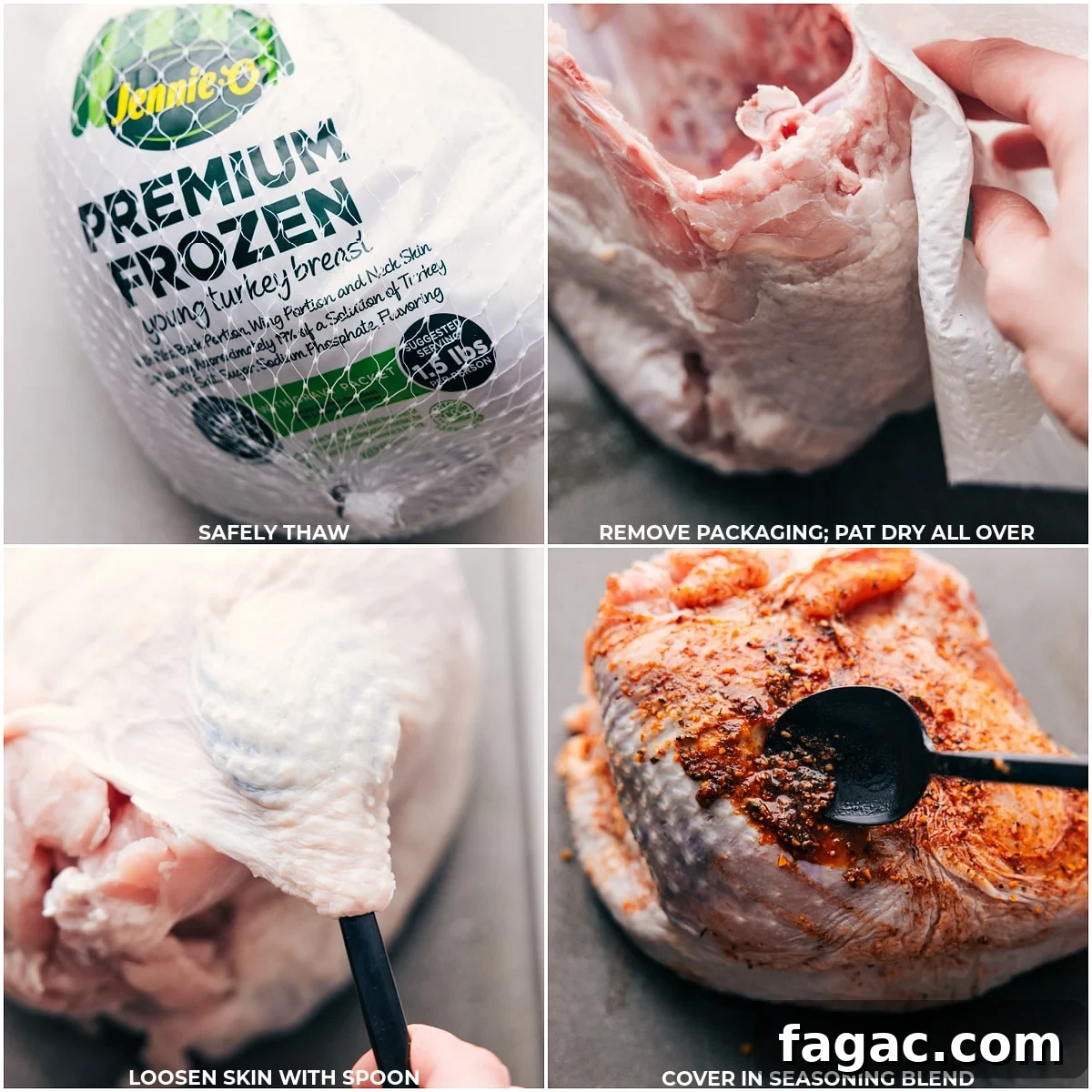 Preparing Turkey: Thawing, Patting Dry, Loosening Skin, and Seasoning Thawed turkey being removed from packaging, patted dry, with skin loosened and covered in a seasoning blend.