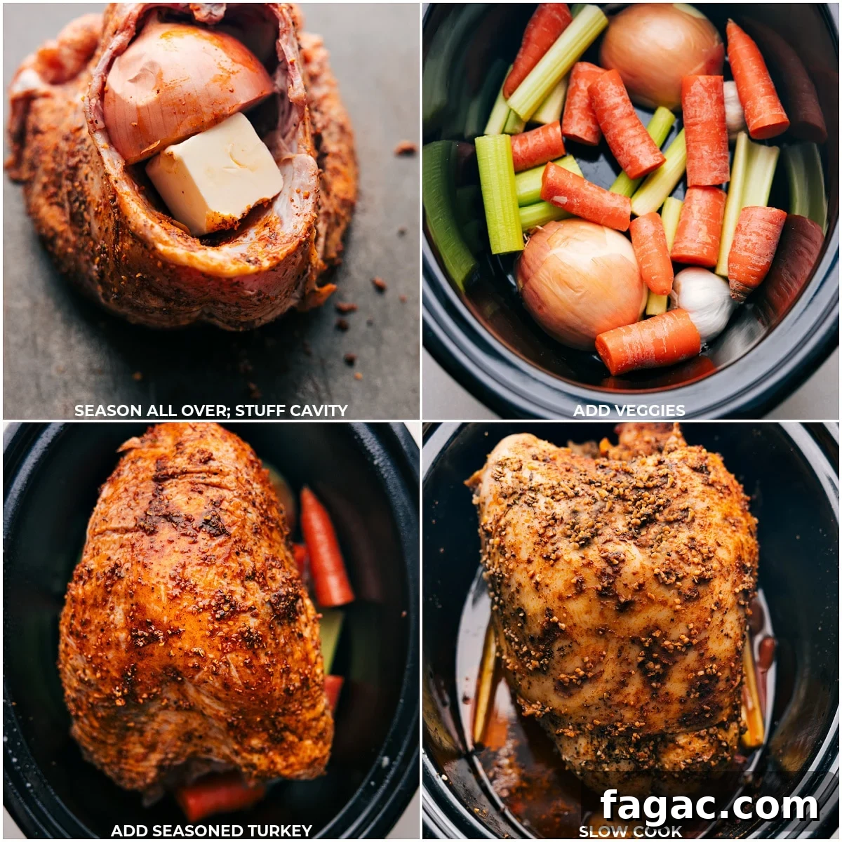 Seasoning and Stuffing Turkey, Adding Veggies to Crockpot, and Slow Cooking Seasoning the turkey all over, stuffing the cavity, adding vegetables to a crockpot, and placing the turkey on top for slow cooking the delicious turkey breast in crockpot.