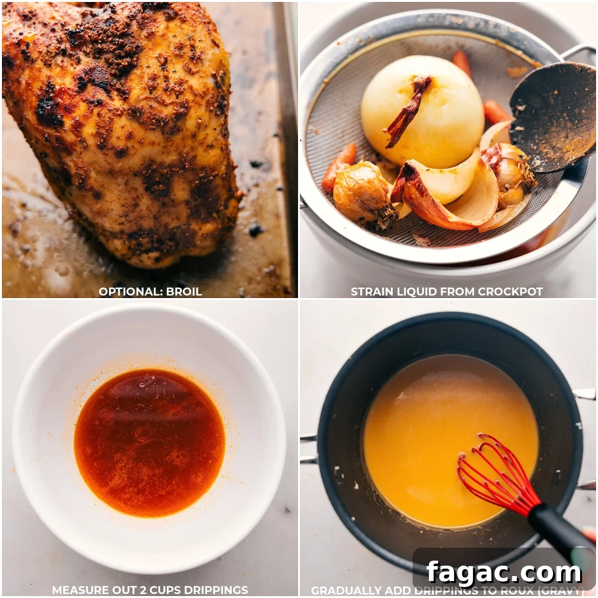 Broiling Turkey and Making Gravy from Crockpot Liquid and Drippings Removing turkey from the crockpot to broil in the oven, straining liquid from the crockpot, and combining with drippings to make gravy.
