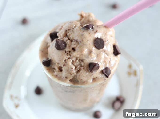 Peanut Butter Chocolate Chip Nice Cream Recipe for Creamy Frozen Dessert 3 Close-up of ice cream and chocolate chips in a glass.