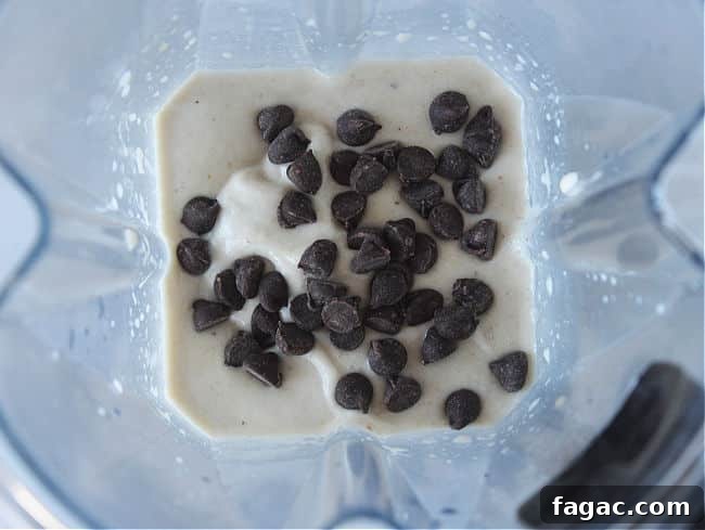 Peanut Butter Chocolate Chip Nice Cream Recipe for Creamy Frozen Dessert 8 Ice cream and chocolate chips in a blender.