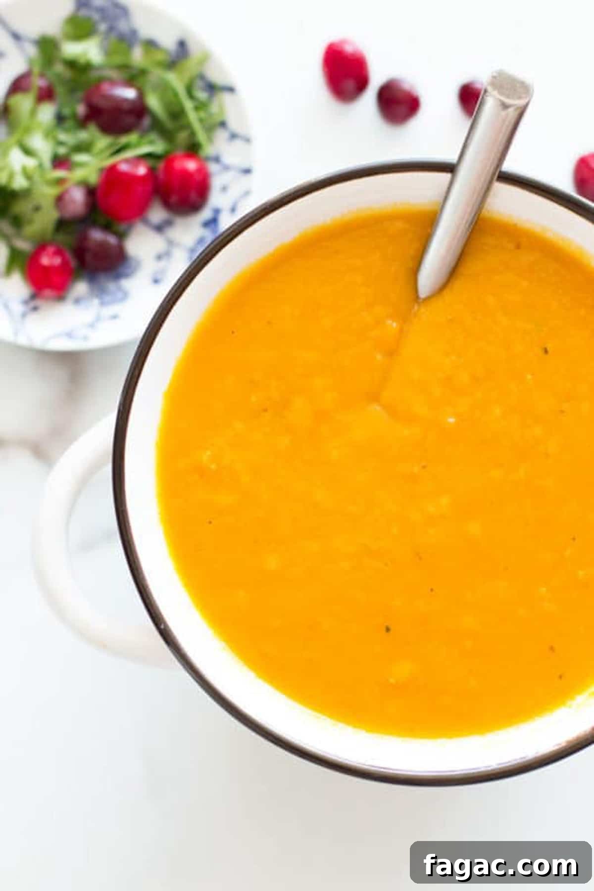 Creamy Hubbard Squash Soup Recipe for Fall Comfort 2 Spoon in a white bowl containing hubbard squash soup, cranberries and parsley on table.