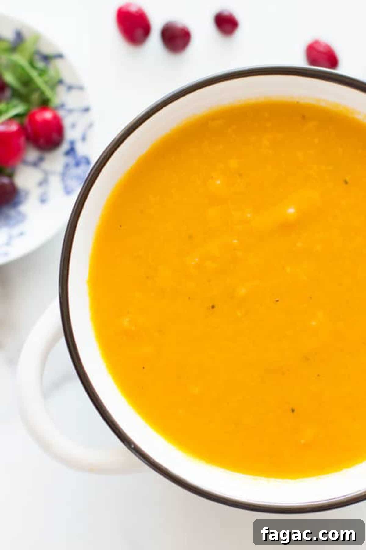 Creamy Hubbard Squash Soup Recipe for Fall Comfort 11 White bowl of hubbard squash soup, fresh cranberries and parsley on table.