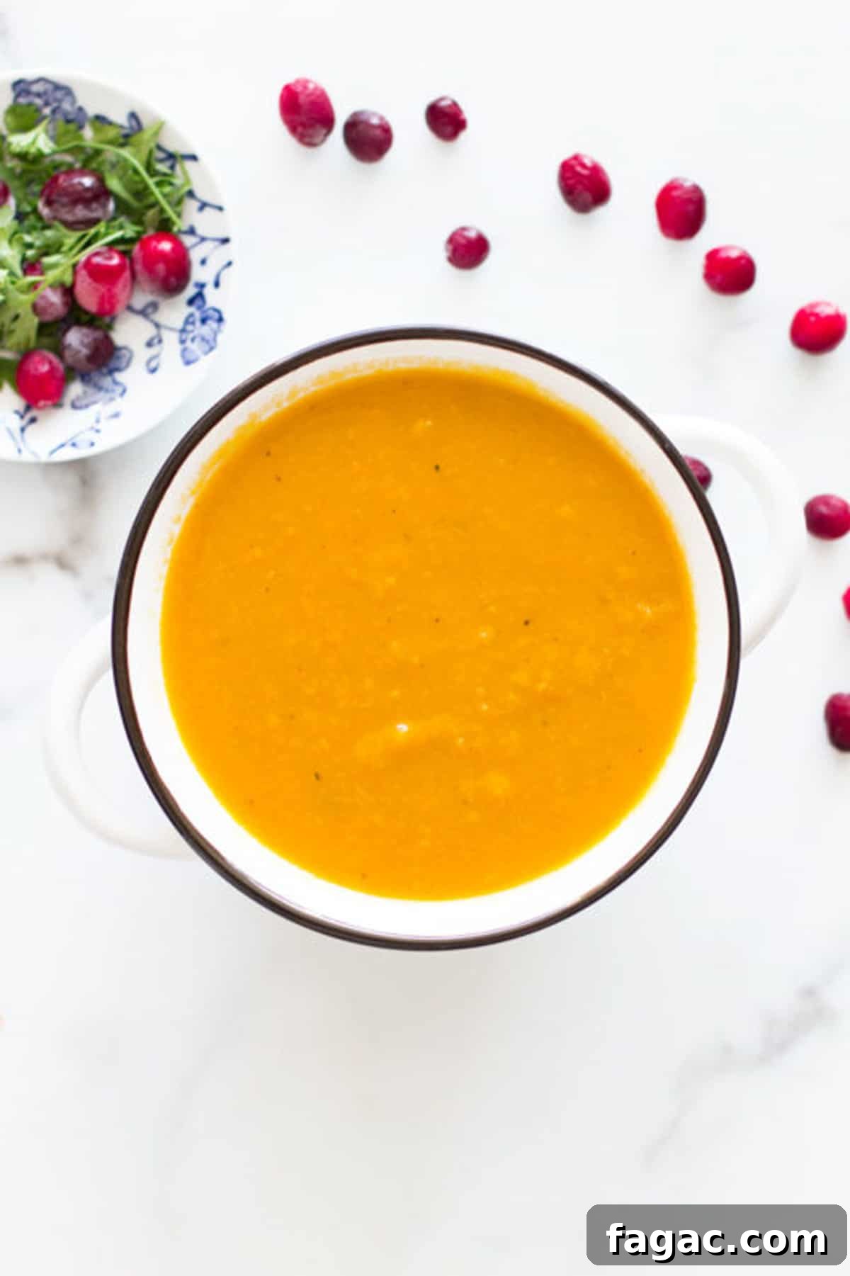 Creamy Hubbard Squash Soup Recipe for Fall Comfort 3 bowl of squash soup on a white marble counter, fresh cranberries and parsley on counter.