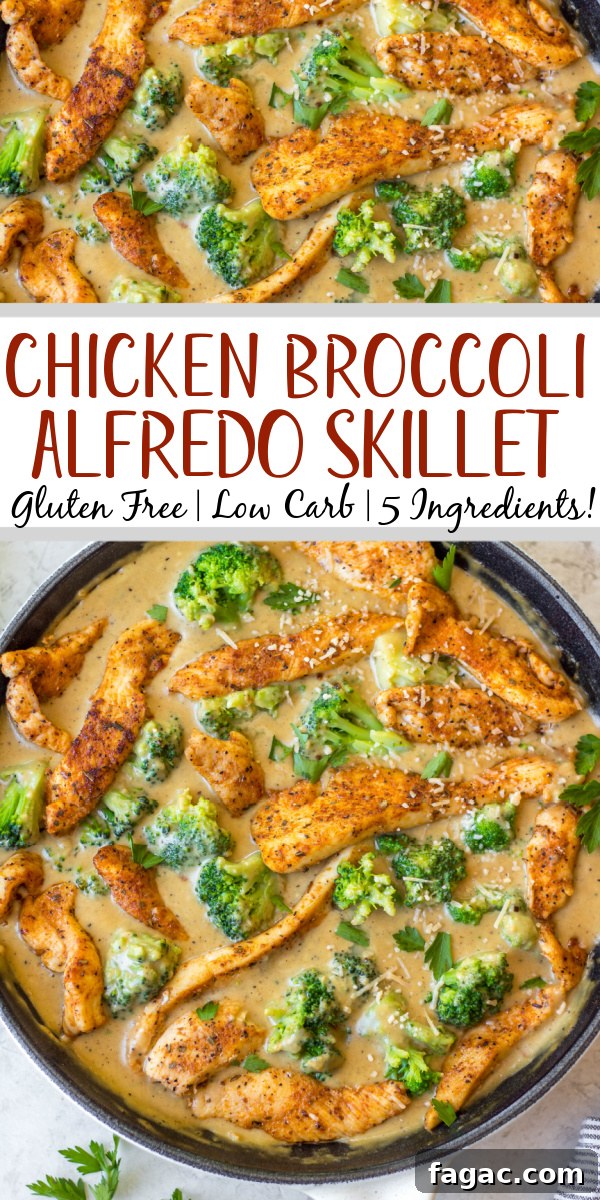 This cajun chicken alfredo broccoli skillet is an easy gluten-free and low carb meal that cooks in only one pan! With under 10 ingredients and under 20 minutes, it's a super simple dinner recipe that's great for a weeknight dinner. There's a dairy-free option, and it reheats well making it a perfect option for a meal prep recipe! #glutenfree #onepot #chickenskillet #lowcarbchicken #alfredorecipes