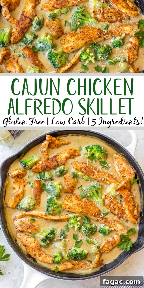 This cajun chicken alfredo broccoli skillet is an easy gluten-free and low carb meal that cooks in only one pan! With under 10 ingredients and under 20 minutes, it's a super simple dinner recipe that's great for a weeknight dinner. There's a dairy-free option, and it reheats well making it a perfect option for a meal prep recipe! #glutenfree #onepot #chickenskillet #lowcarbchicken #alfredorecipes