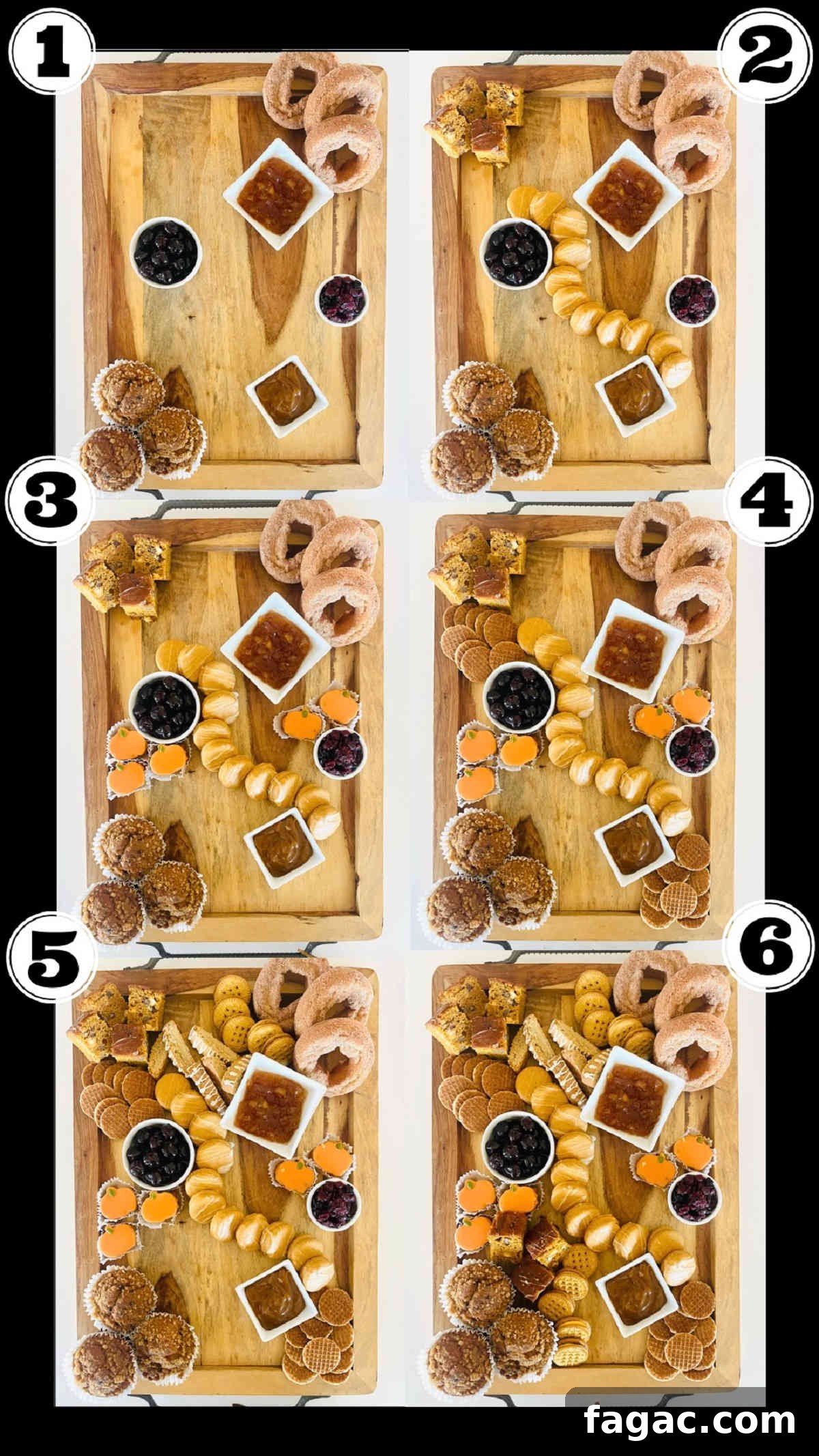 Autumn Charcuterie Board Ideas for Cozy Entertaining 5 how to make fall charcuterie board labeled steps 1 through 6.