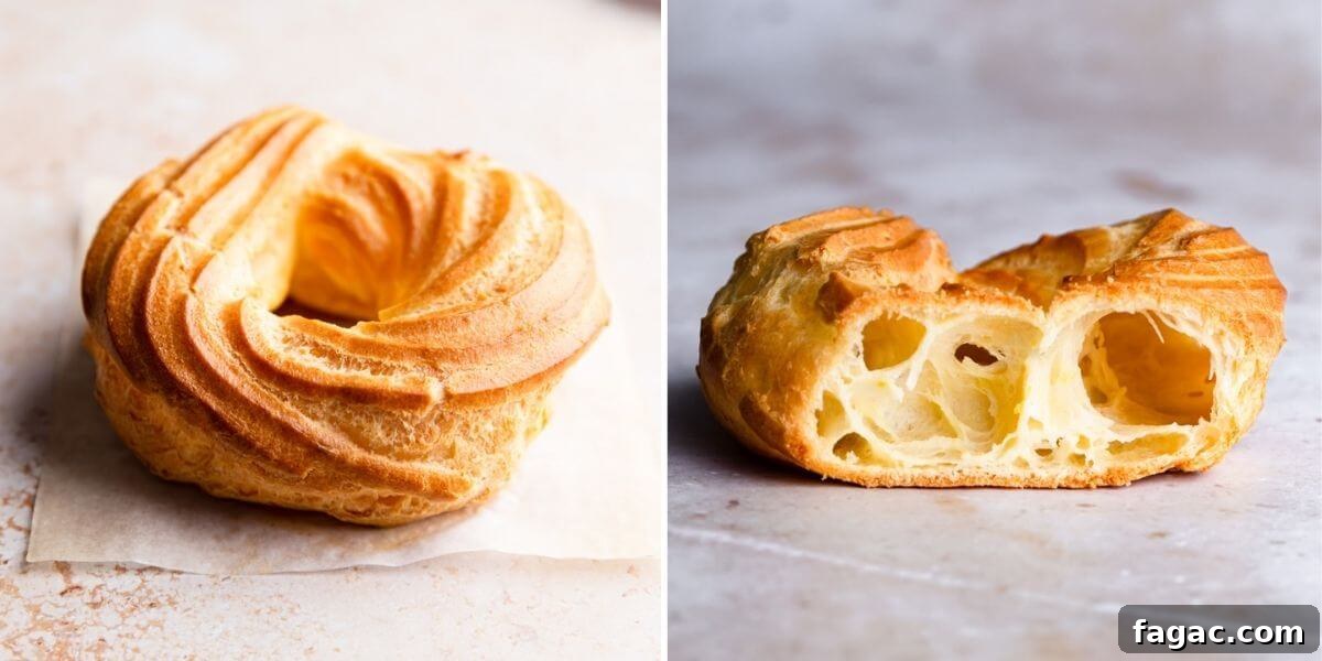 Classic French Cruller Donuts: Light, Crispy Pastry Recipe 5 side by side photos showing outside and inside of baked french cruller doughnut