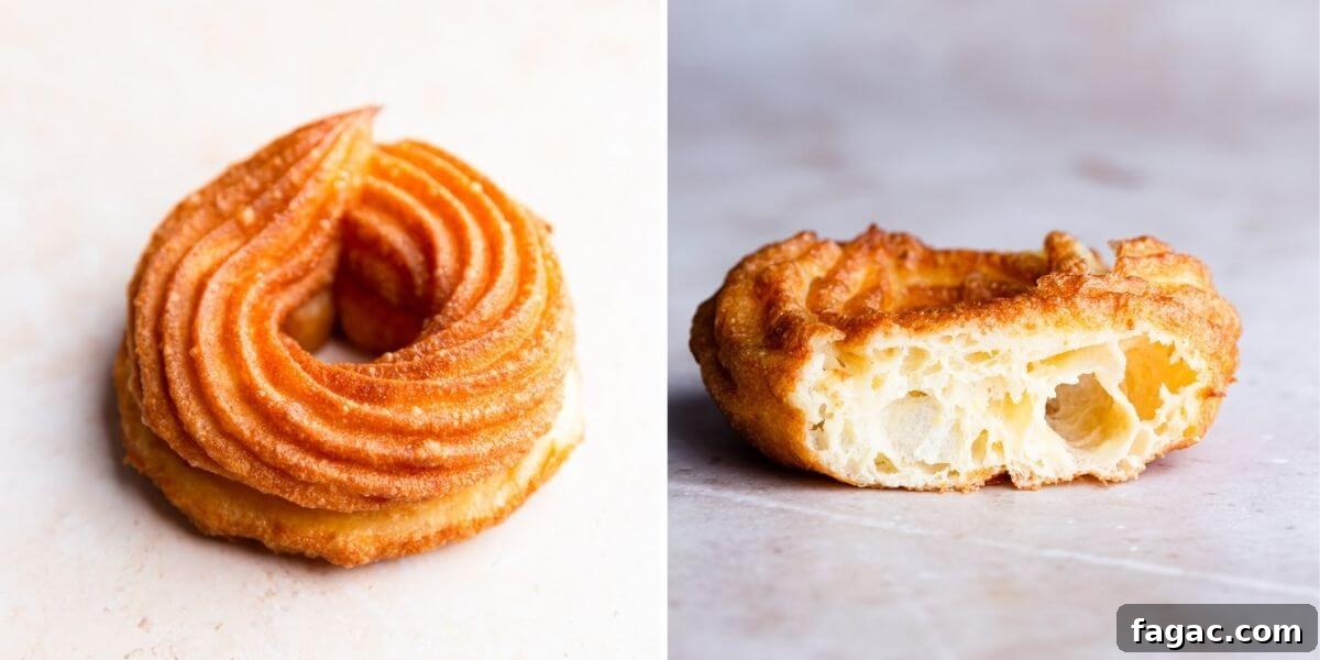 Classic French Cruller Donuts: Light, Crispy Pastry Recipe 6 side by side photos showing outside and inside of the deep fried french cruller doughnut