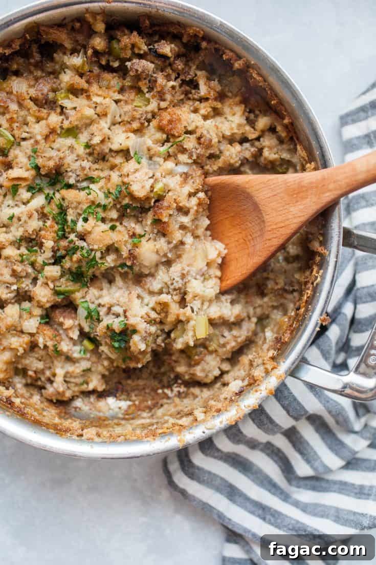 Festive Creamy Fruit Salad Recipe for Christmas Parties 9 Stovetop sausage stuffing in skillet.
