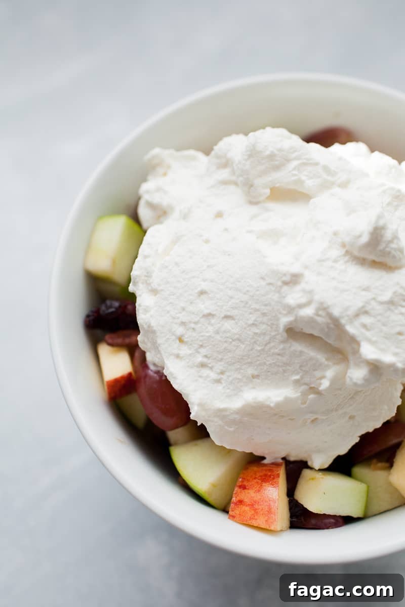 Festive Creamy Fruit Salad Recipe for Christmas Parties 4 Homemade whipped cream set on top of a bowl of fresh cut fruit.