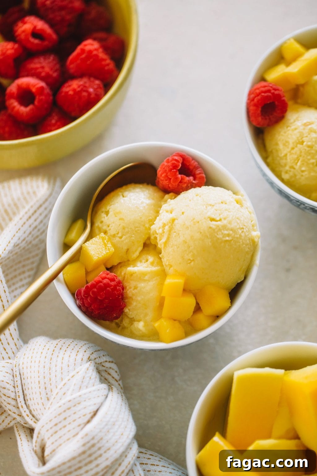 Mango ice cream served in small white bowls topped with fresh raspberries and diced mango.