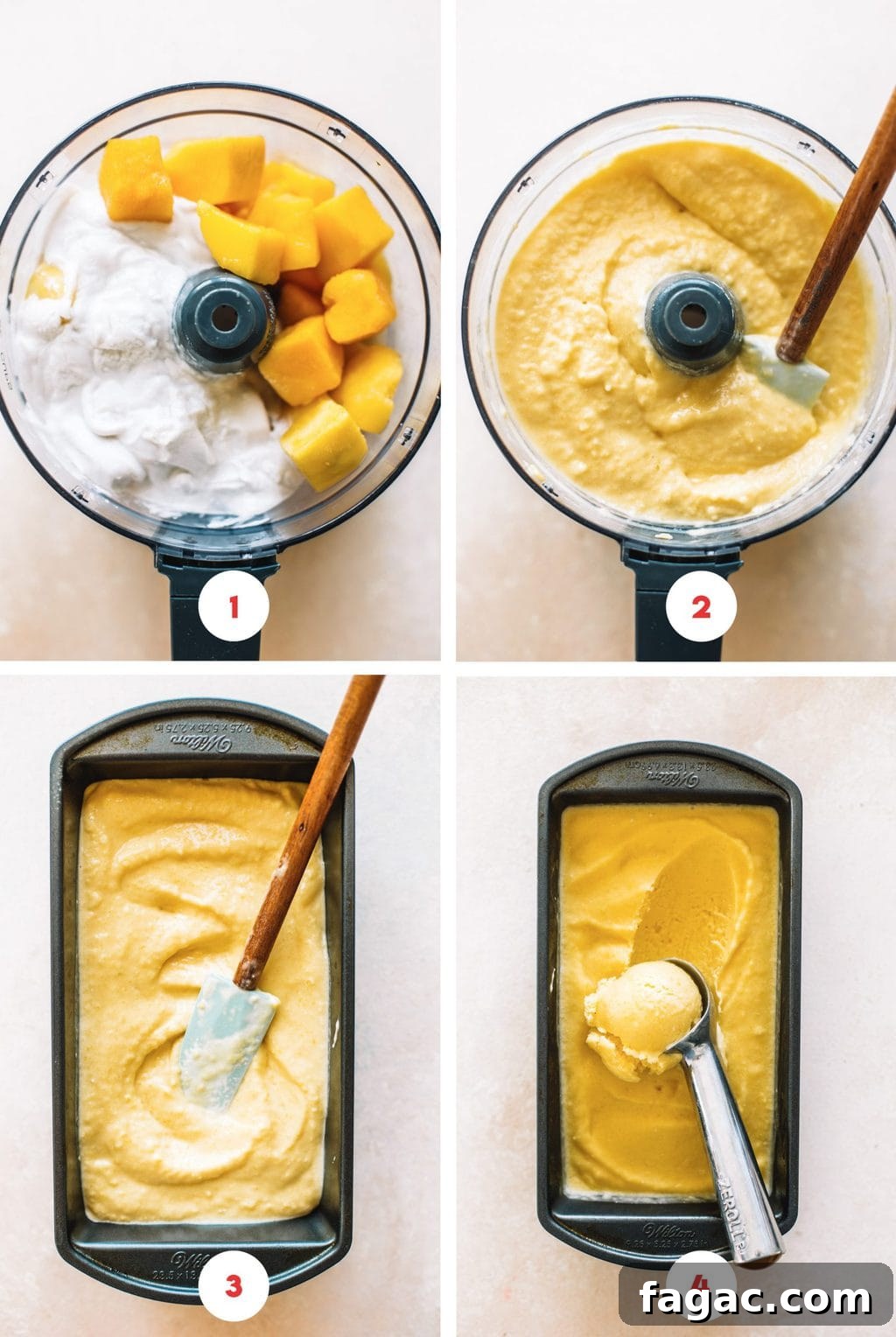 Step by steps on how to make mango ice cream in a food processor. 
