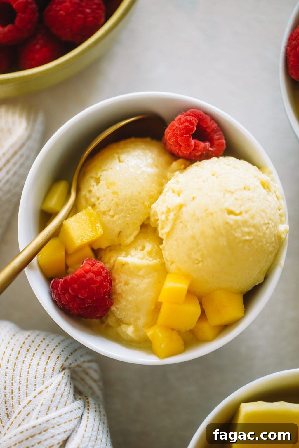 Mango ice cream served in small white bowls topped with fresh raspberries and diced mango.