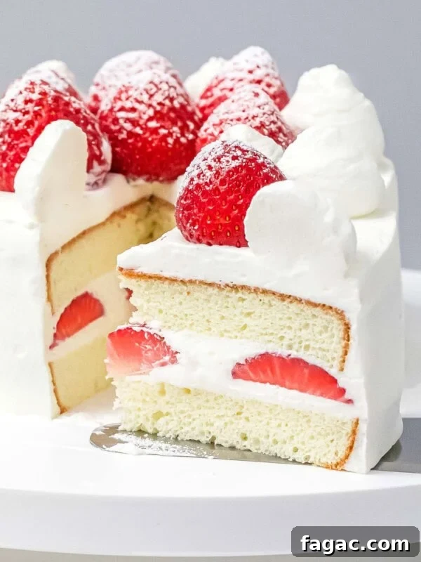 close up of a slice of layered Japanese strawberry shortcake decorated with whole strawberries dusted with powdered sugar