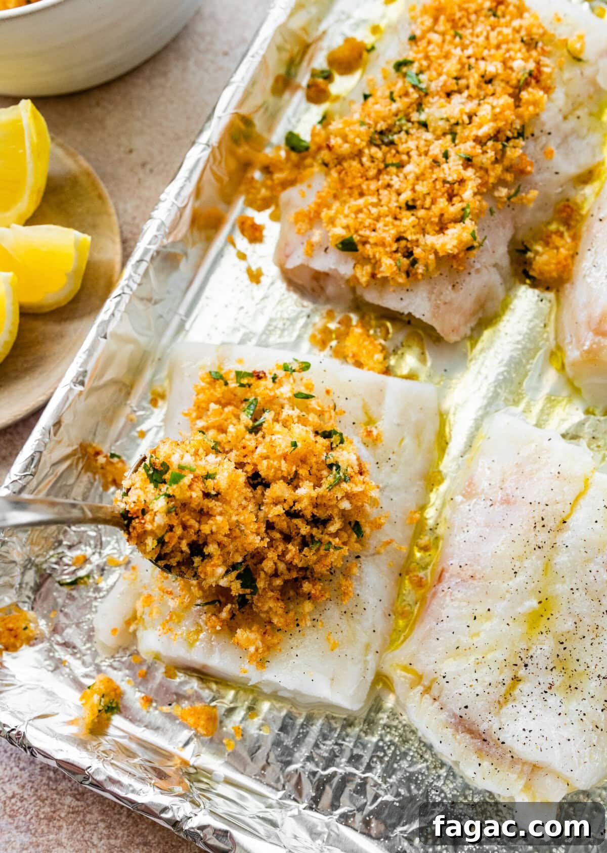 Crispy Panko-Baked Cod with Lemon Garlic Sauce 9 add the bread crumb mixture to the cod on the baking sheet.