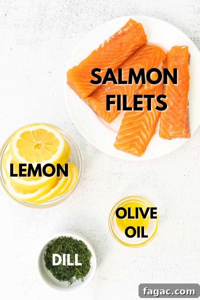 Crispy Air Fryer Salmon with Fresh Dill Recipe 3 ingredients laid out needed for air fryer salmon