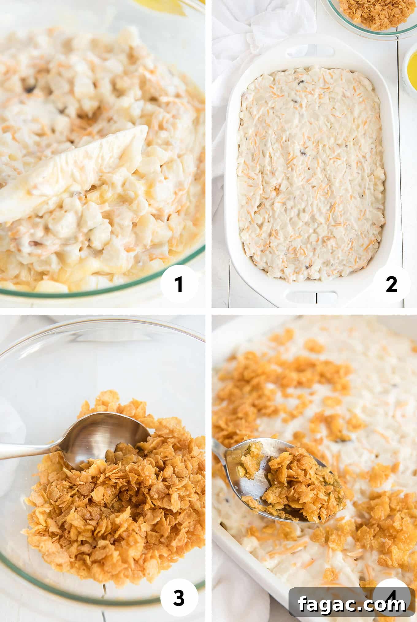 A collage of images showing mixing the ingredients together, in the baking dish, mixing the topping, and adding the corn flakes on top.