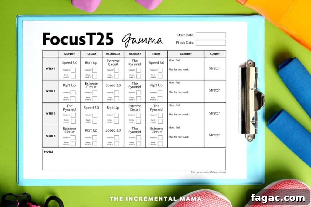 Printable Focus T25 Workout Calendar: Alpha, Beta & Gamma Schedule 5 gamma cycle workout schedule with exercise equipment