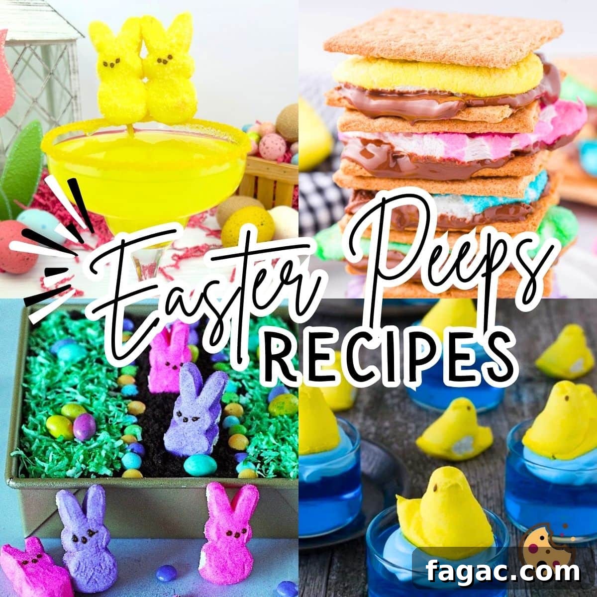 20 Creative Recipes Using Marshmallow Easter Peeps 22 A collage of images showing Easter peeps recipes, dirt cake, jello cups, smores, and peeps rice krispie treats.